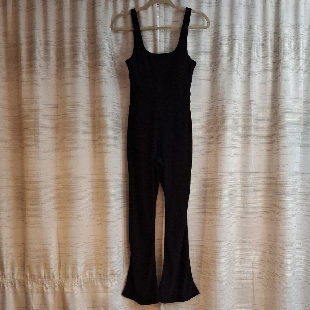 Move Theology Black Flare Leg Jumpsuit Rounded Square Neckline Medium